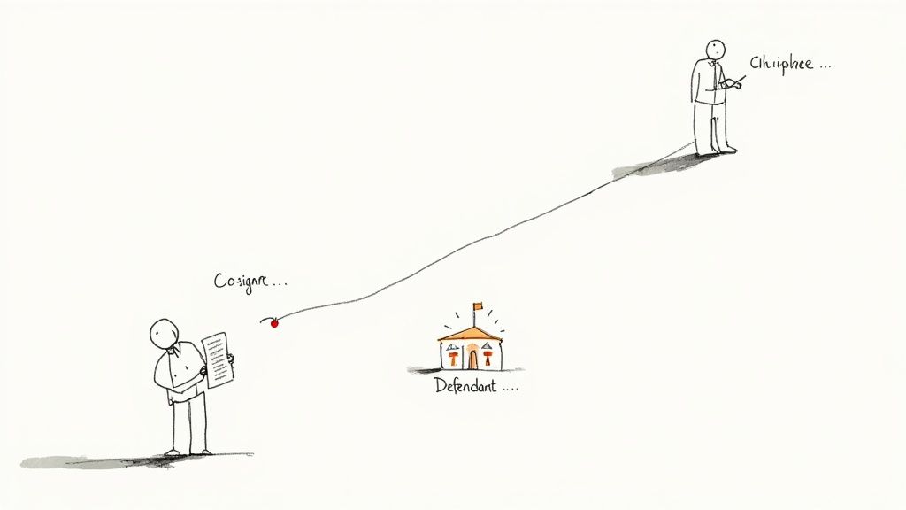 A cartoon shows two stick figures, a building labeled 'Defendant,' and a dotted line connecting them.