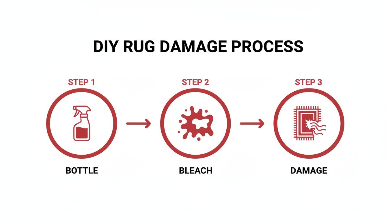 A three-step infographic illustrating a DIY process for causing rug damage using a spray bottle and bleach.