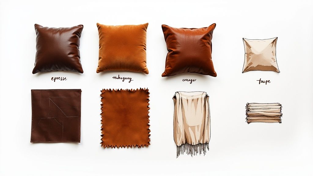 Four pillows and fabric swatches in various shades of brown and taupe, labeled with color names.