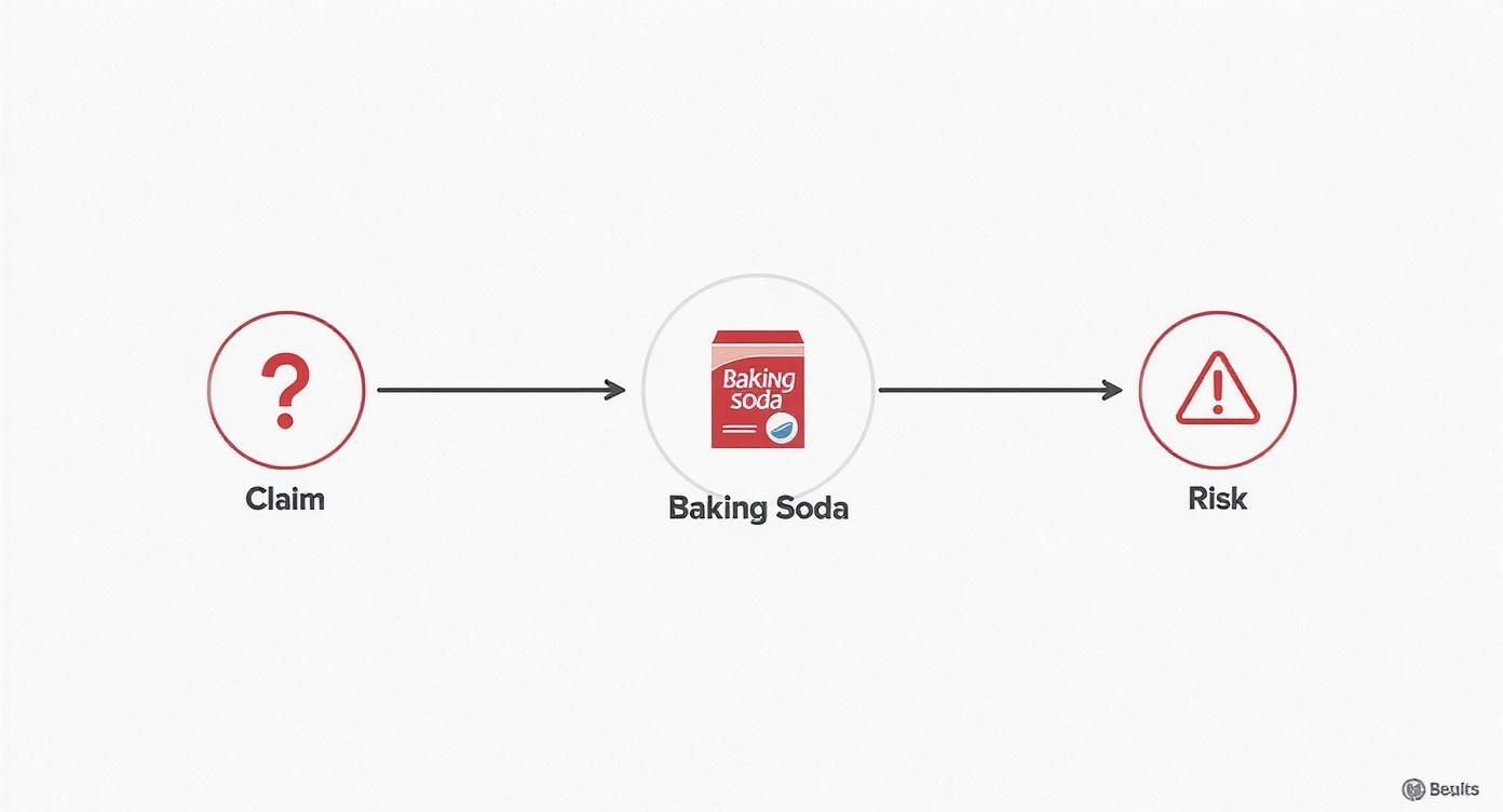 Diagram showing flow from claim through baking soda to risk with warning icons and arrows
