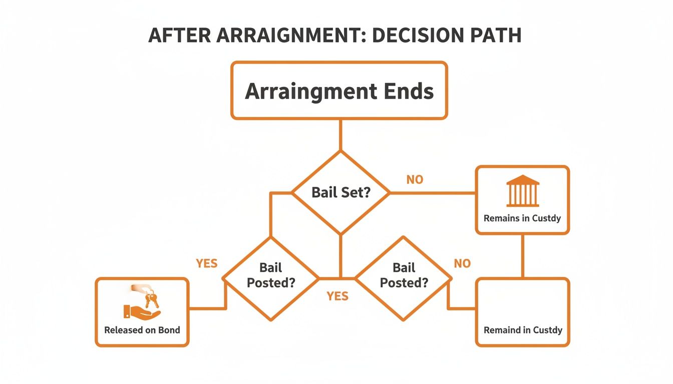 Flowchart illustrating the decision path after arraignment, showing outcomes based on bail being set and posted.