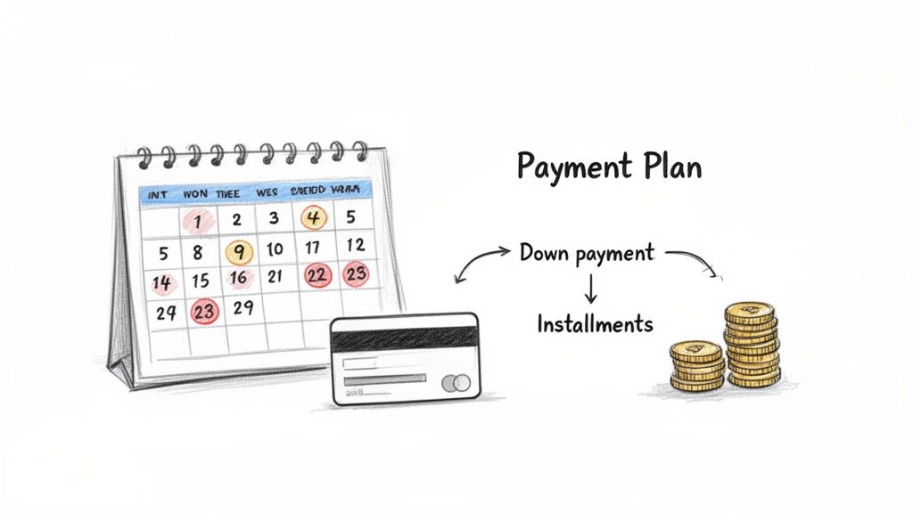 An illustration showing a payment plan with a calendar, credit card, and stacks of coins.
