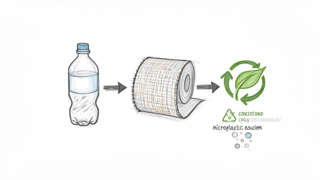 Diagram showing a plastic bottle recycled into woven fabric, symbolizing sustainability and addressing microplastic concerns.