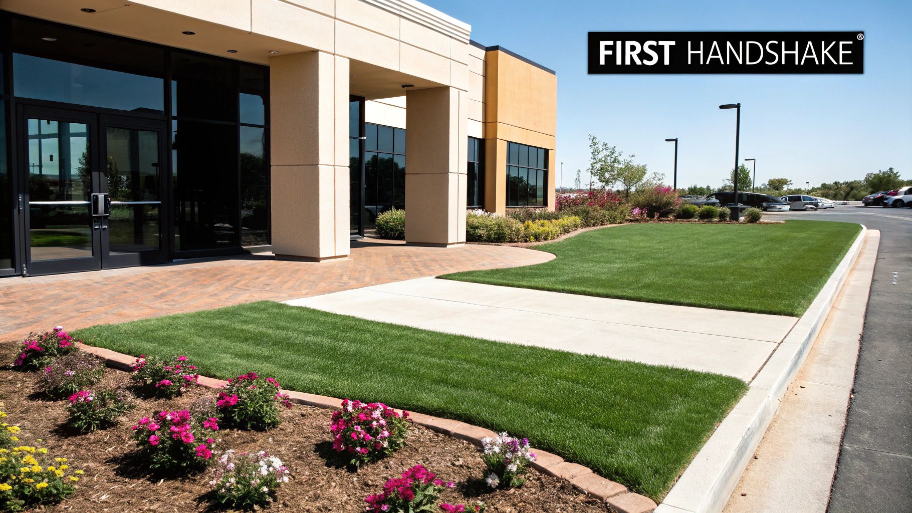 A well-maintained commercial lawn with perfectly edged walkways and healthy green grass.