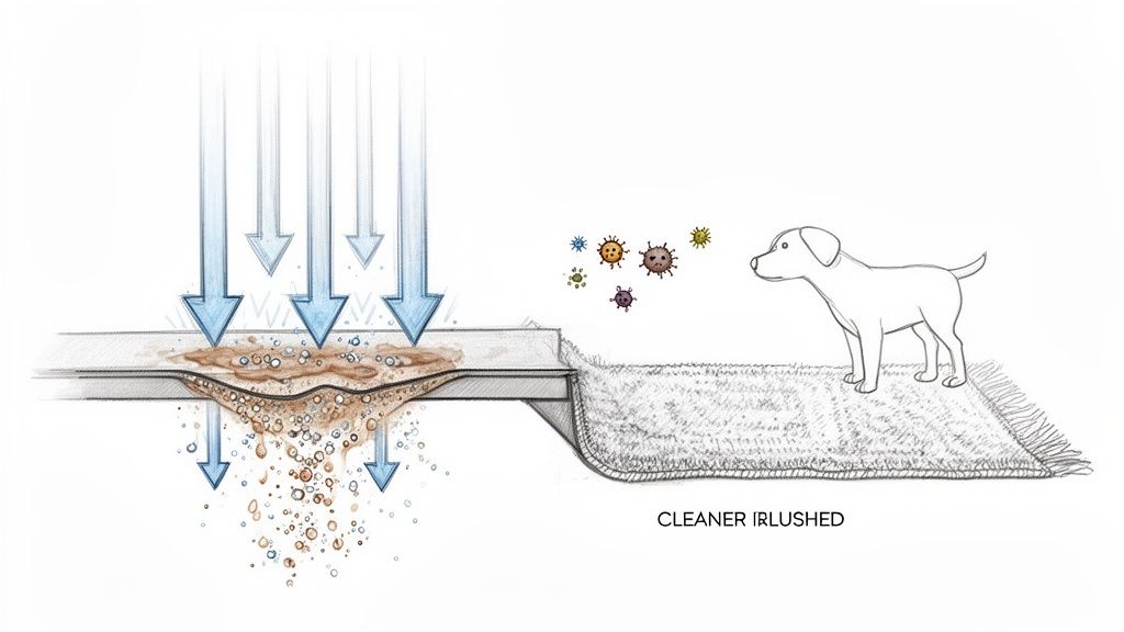 Illustration showing a deep cleaning process flushing dirt and particles through a surface, with a dog on a clean rug.