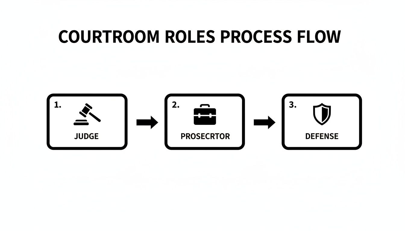 A flowchart illustrating courtroom roles process: Judge, Prosecutor, and Defense, with respective icons.