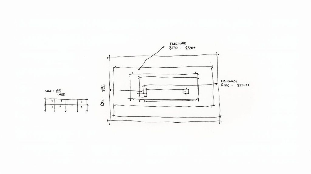 Hand-drawn diagram illustrating a nested pricing structure with cost ranges and size categories.