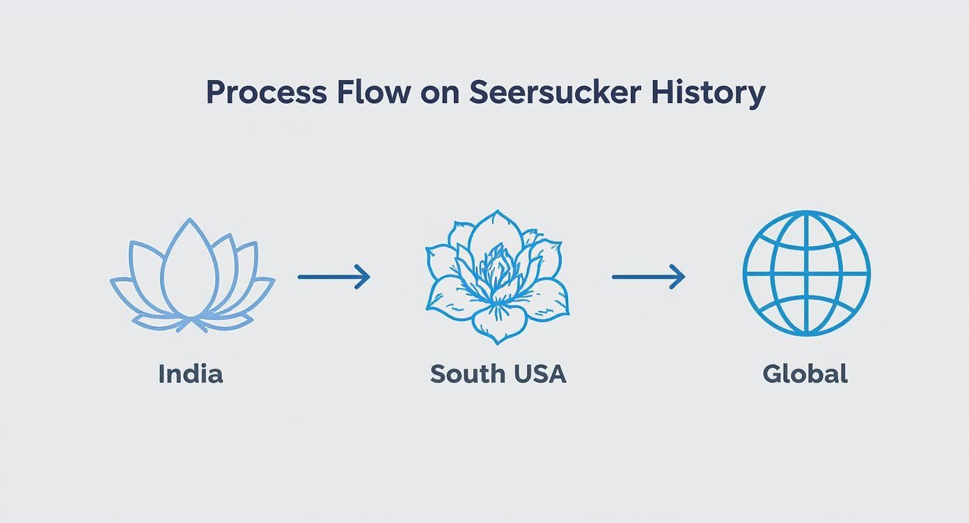 An infographic showing the historical journey of seersucker fabric from India, to the Southern USA, and then globally.