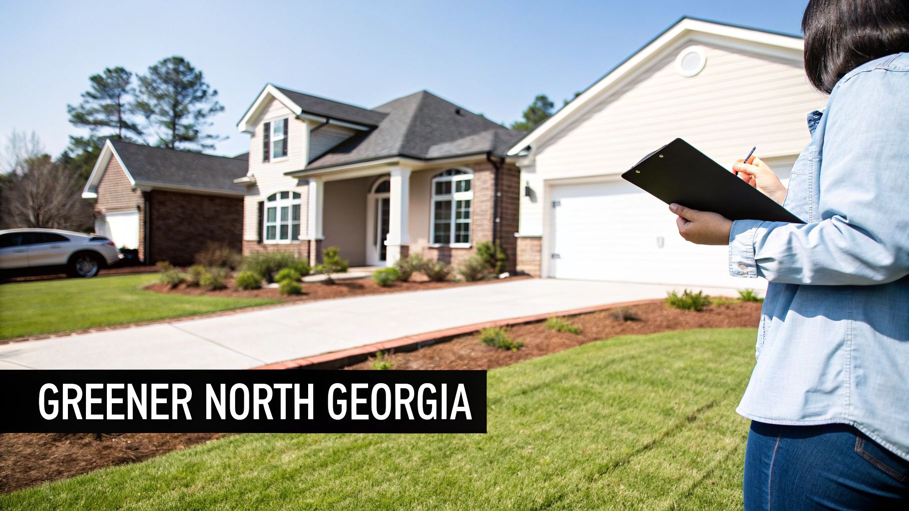 A healthy, vibrant green lawn in a suburban neighborhood.