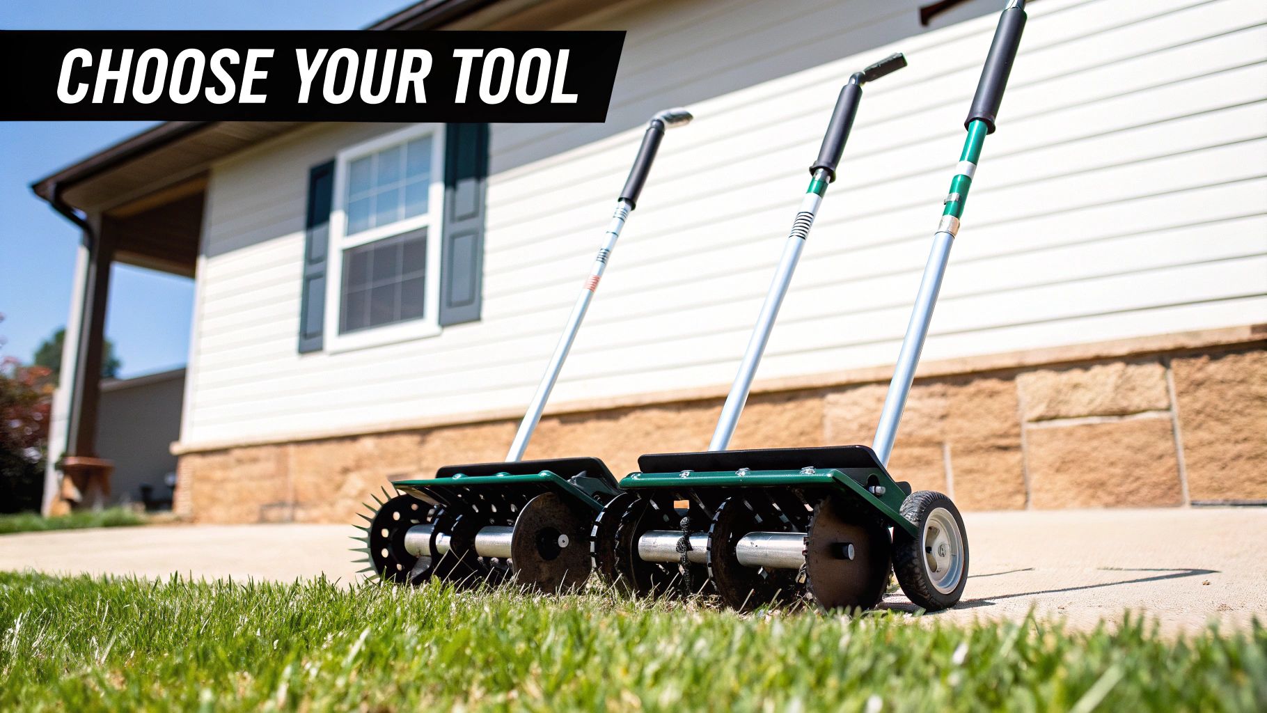 A walk-behind core aerator machine on a green lawn.