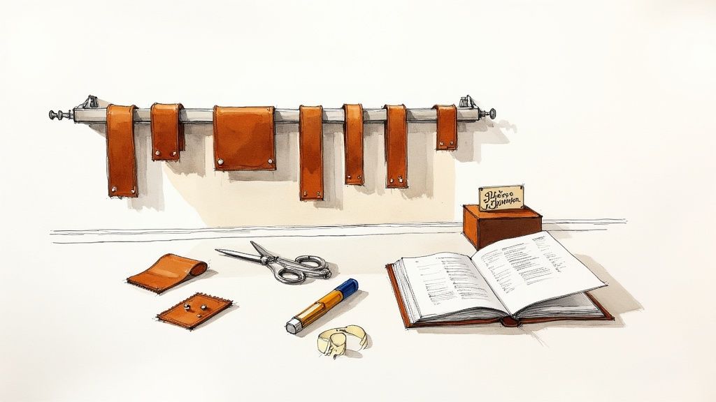 An illustrated leather craft workshop with tools, materials, a book, and hanging leather strips.