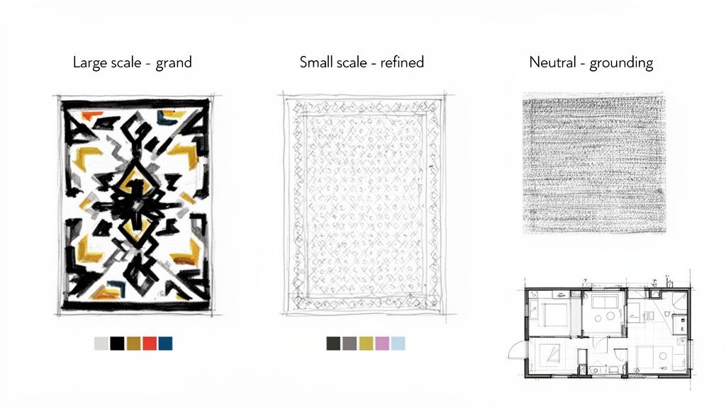 Three rug designs: large scale, small scale, and neutral, with color palettes and a floor plan.