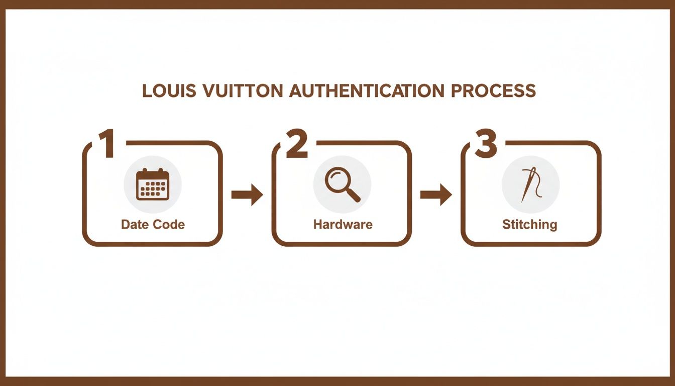 A visual guide outlining the Louis Vuitton authentication process steps: date code, hardware, and stitching.