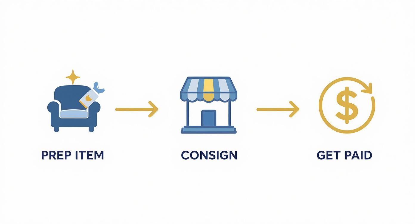 An infographic showing three steps: preparing items, consigning at a store, and getting paid.