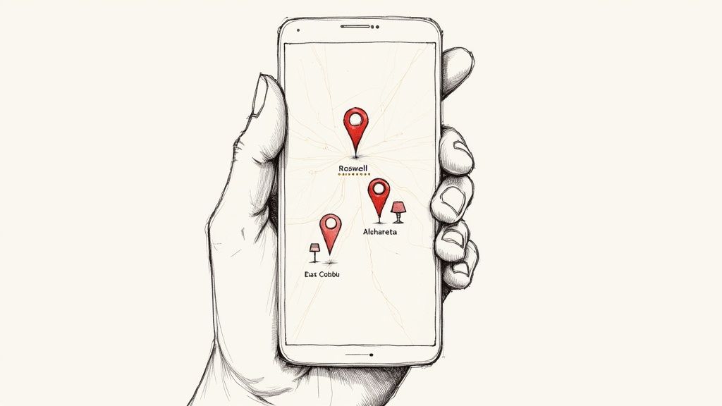 A hand holds a smartphone displaying a map with red location pins and city names.