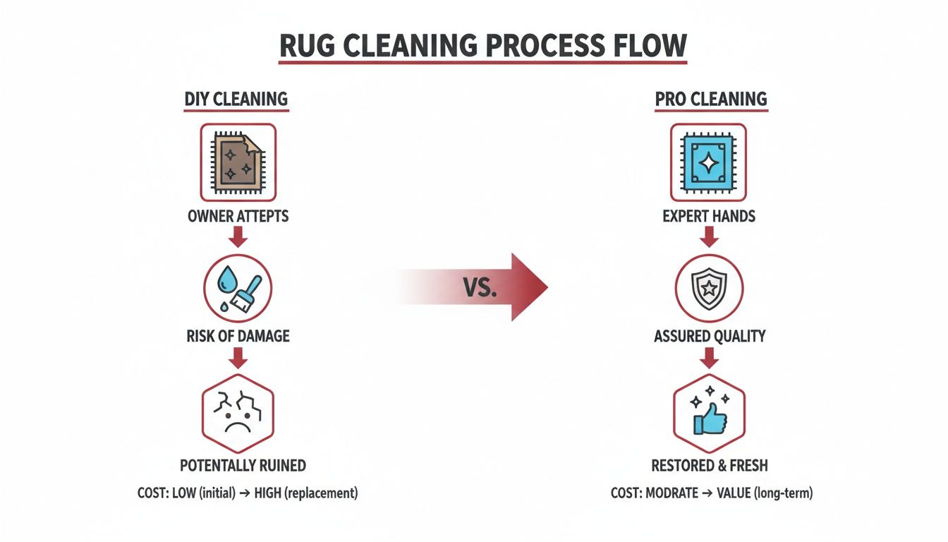 Comparison flowchart illustrating risks of DIY rug cleaning versus benefits of professional cleaning.