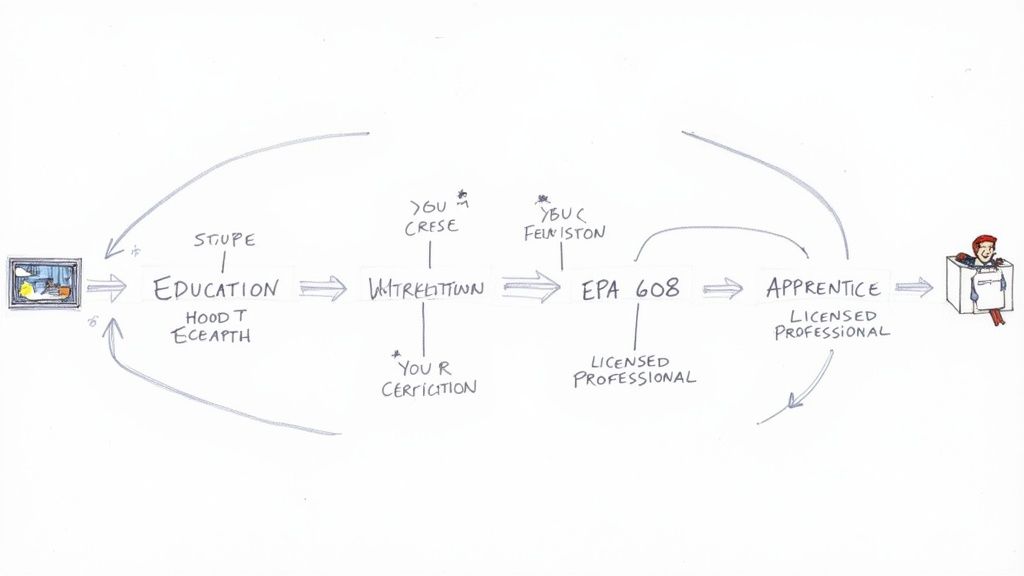 An HVAC technician works on an outdoor AC unit with tools nearby
