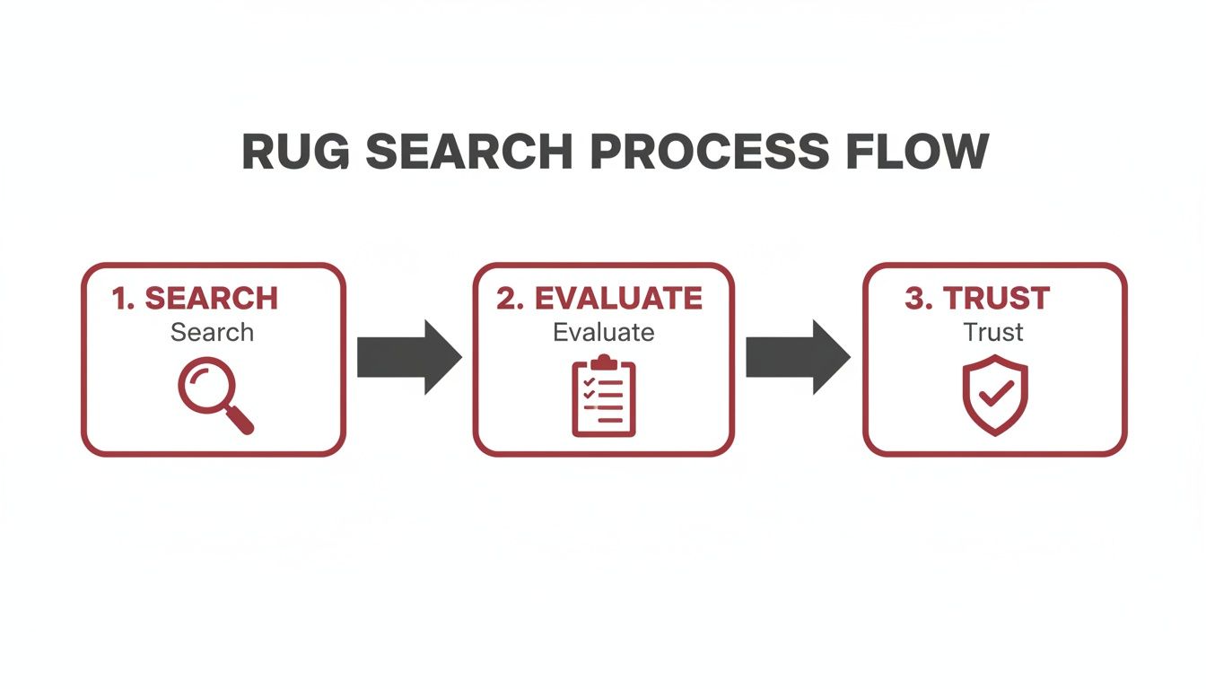 A flowchart illustrates the rug search process: 1. Search, 2. Evaluate, and 3. Trust, with icons.