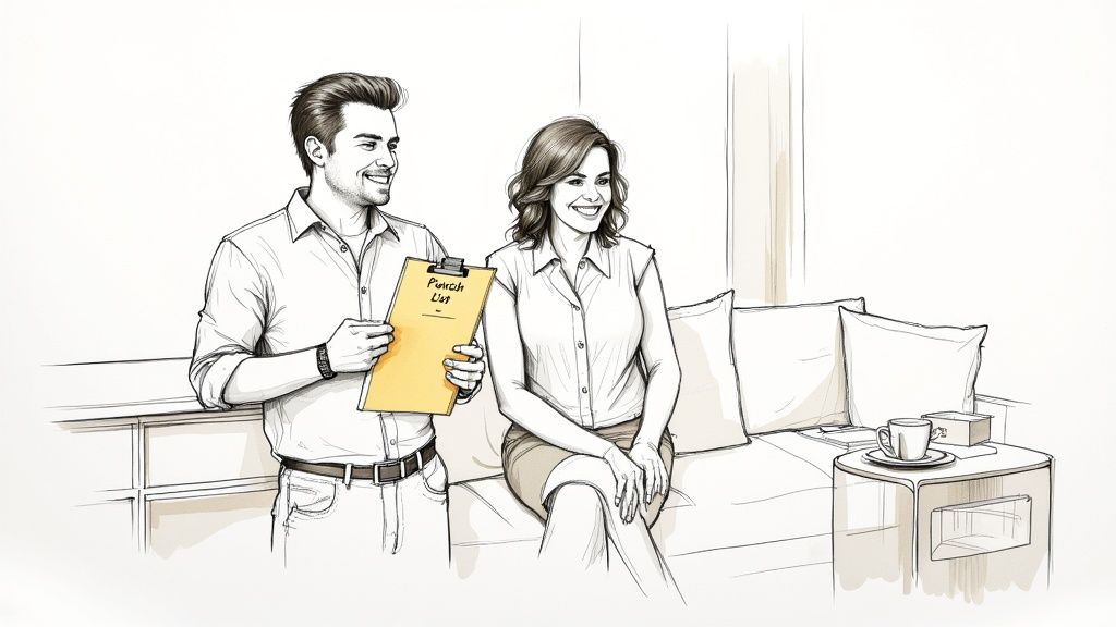 A smiling man holds a 'Punch List' clipboard while talking with a woman sitting on a couch.