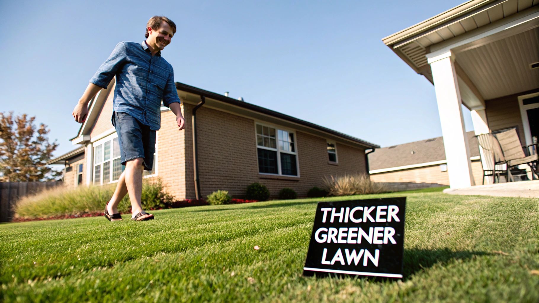 Smiling man walks on a vibrant green lawn with a 'Thicker Greener Lawn' sign.