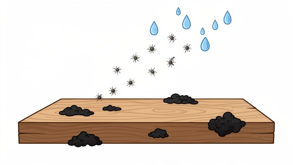 A wooden board with black mold, showing water drops and spores causing its development.