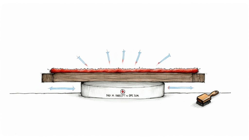 Diagram illustrating how to clean an oriental rug, showing airflow and cleaning process.