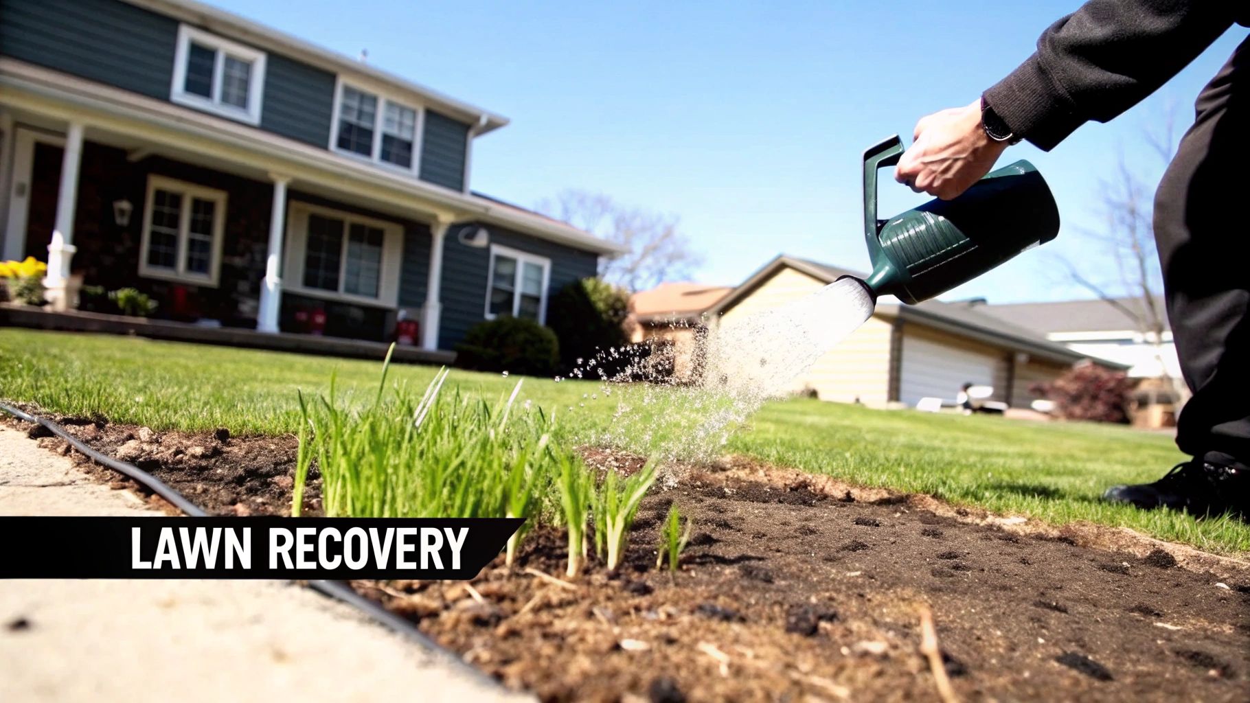 A person waters newly planted grass in a garden bed for lawn recovery, with a house in the background.