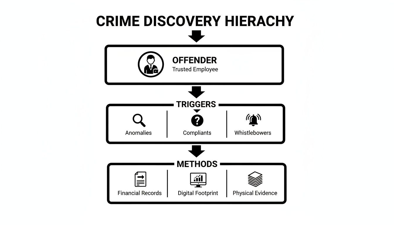 A flowchart titled 'Crime Discovery Hierarchy' showing offender, triggers (anomalies, complaints), and methods (financial, digital, physical).