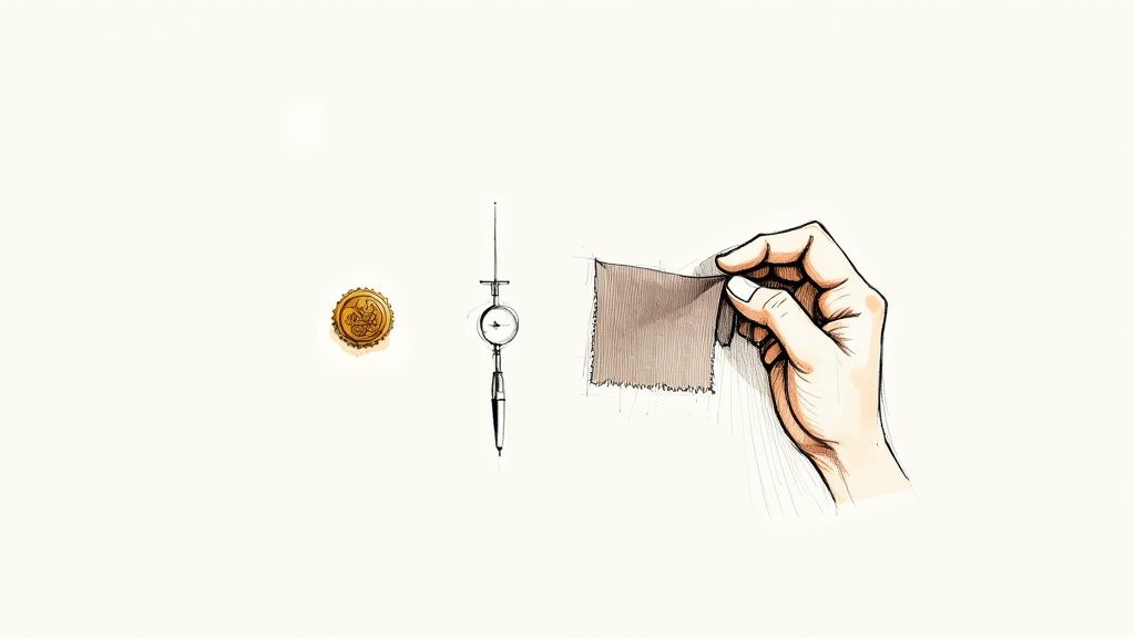 Hand holding fabric swatch with measuring tool and wax seal illustrating Egyptian cotton quality testing