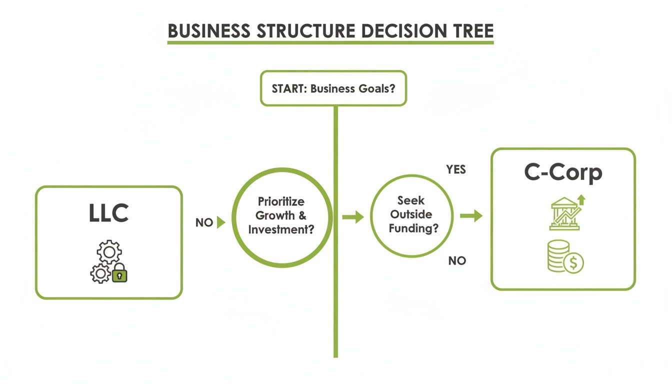 Decision tree illustrating business structure options: LLC or C-Corp, based on growth and funding goals.
