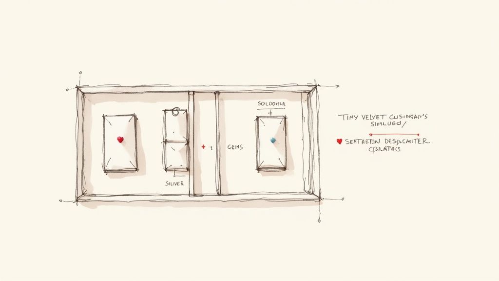 A hand-drawn sketch illustrating a jewelry storage layout with sections for silver and gems, including notes.