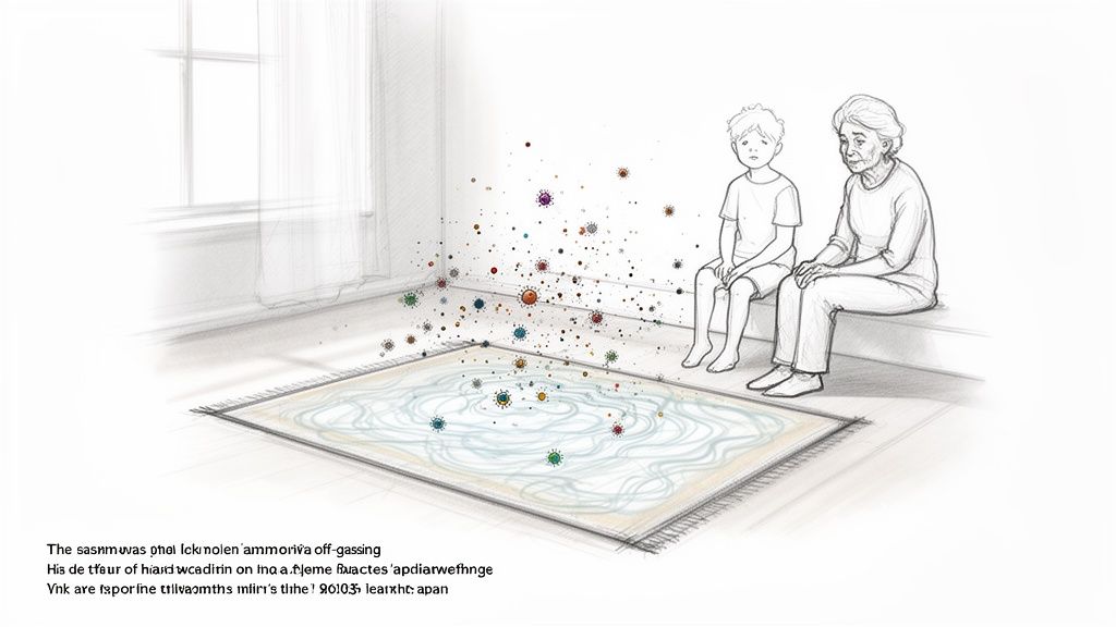 Illustration of a boy and an elderly woman sitting next to a rug emitting particles into the air.