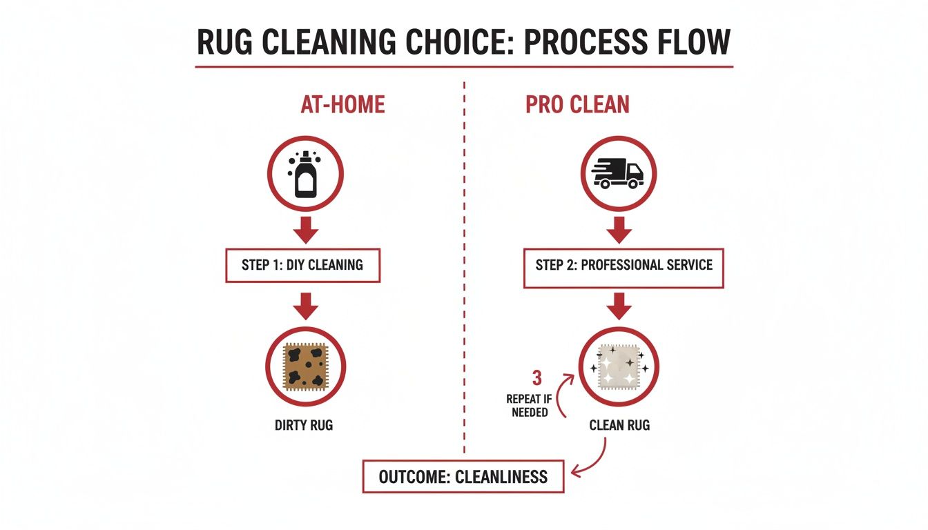 A flow chart detailing rug cleaning choices: at-home DIY cleaning versus professional service for a clean rug.