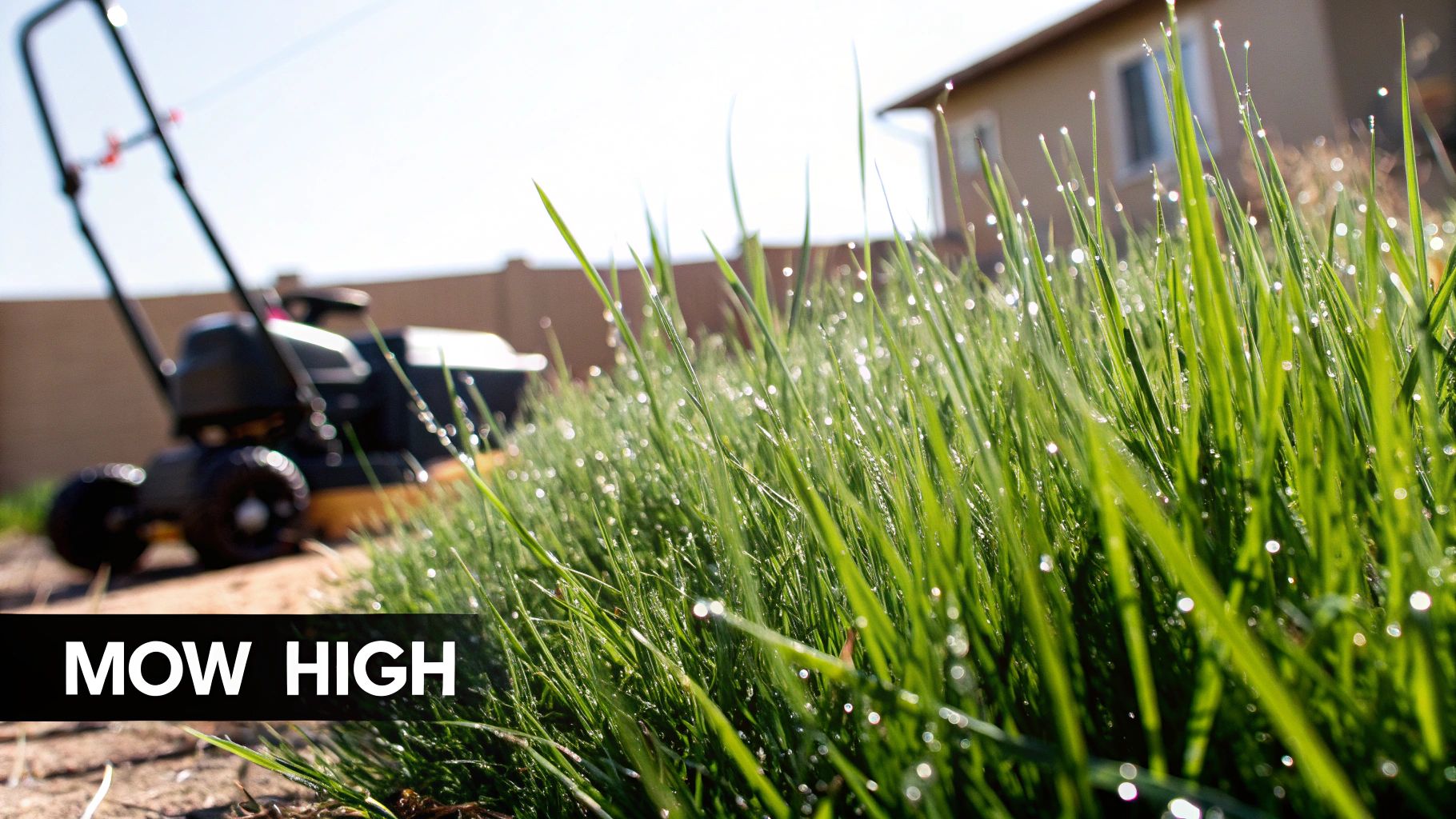 Close-up of vibrant green grass covered in dew drops with a blurred lawnmower in the background.