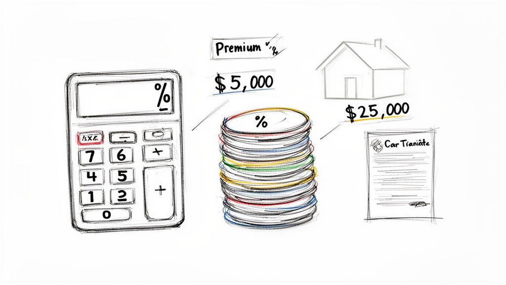 A hand-drawn illustration showing a calculator, stacked coins, premium values, a house, and car insurance.