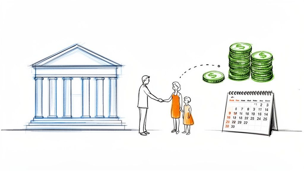 An illustration of a family making a financial agreement at a bank with money and a calendar.