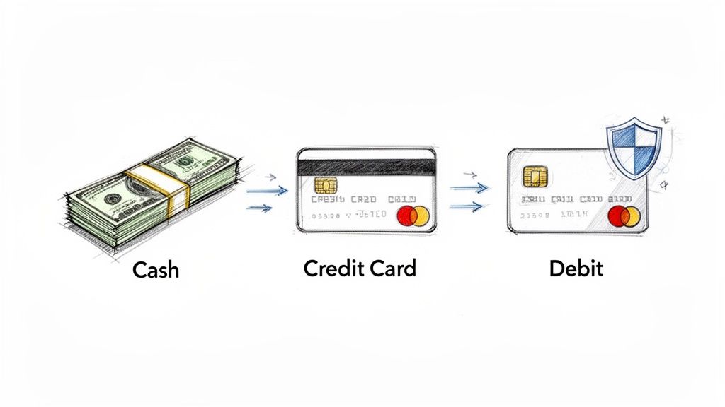 Illustration depicting the progression of payment methods: cash, credit card, and secure debit card.