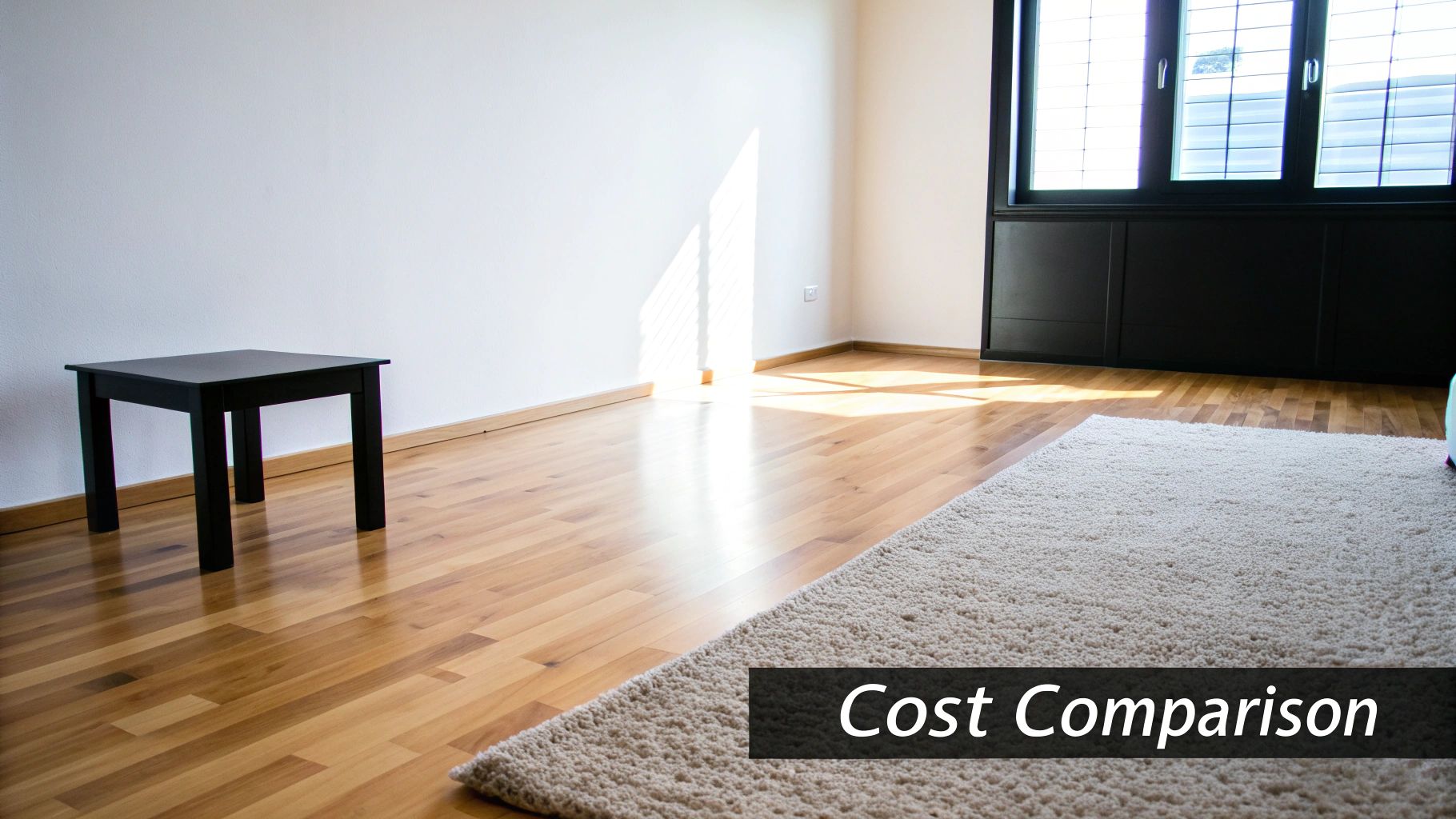 A clean, empty room featuring light wood floors, a cozy cream shag rug, and a black side table.