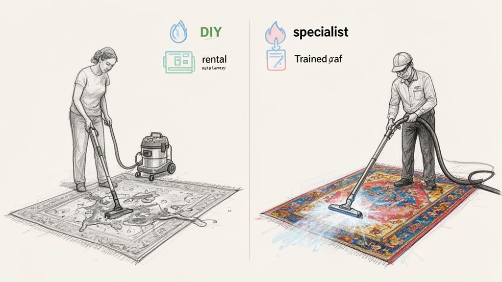 Two illustrations showing DIY rug cleaning with a rental wet vacuum versus professional carpet cleaning by a specialist.