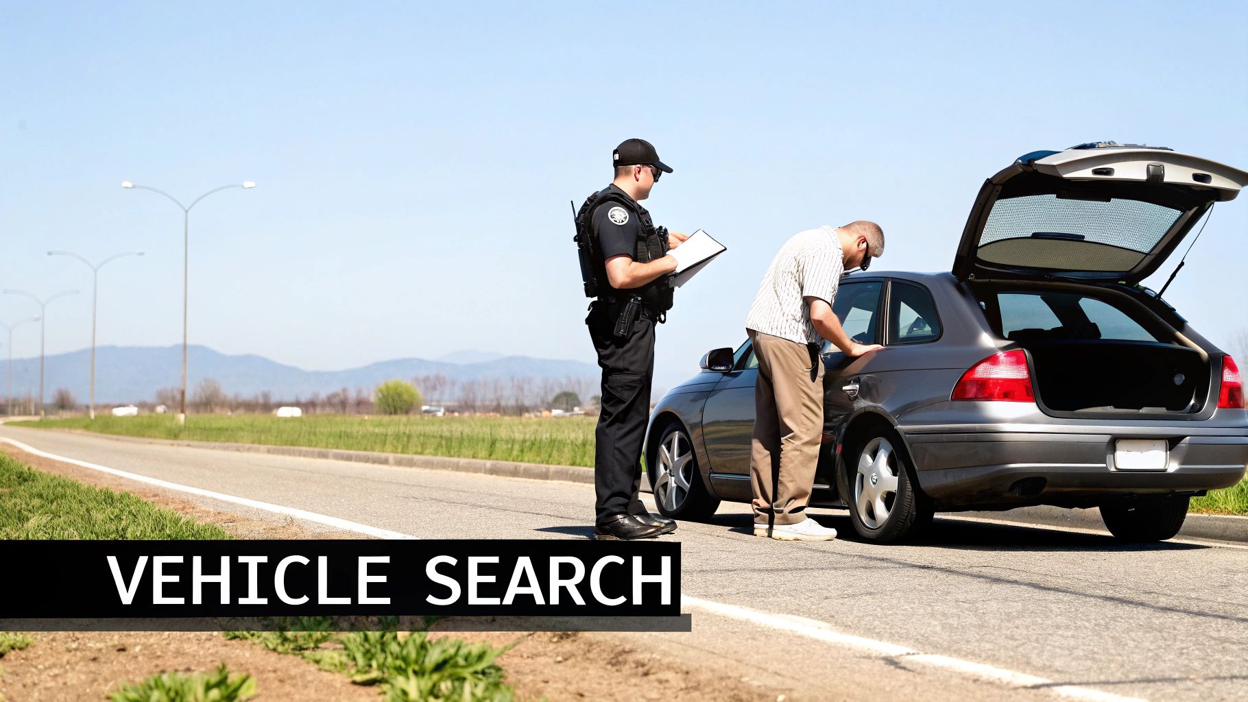 A police officer stands with a civilian next to a grey car with an open trunk on a roadside during a vehicle search.