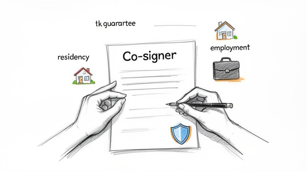 A drawing of hands signing a 'Co-signer' document, with icons for residency, guarantee, and employment.
