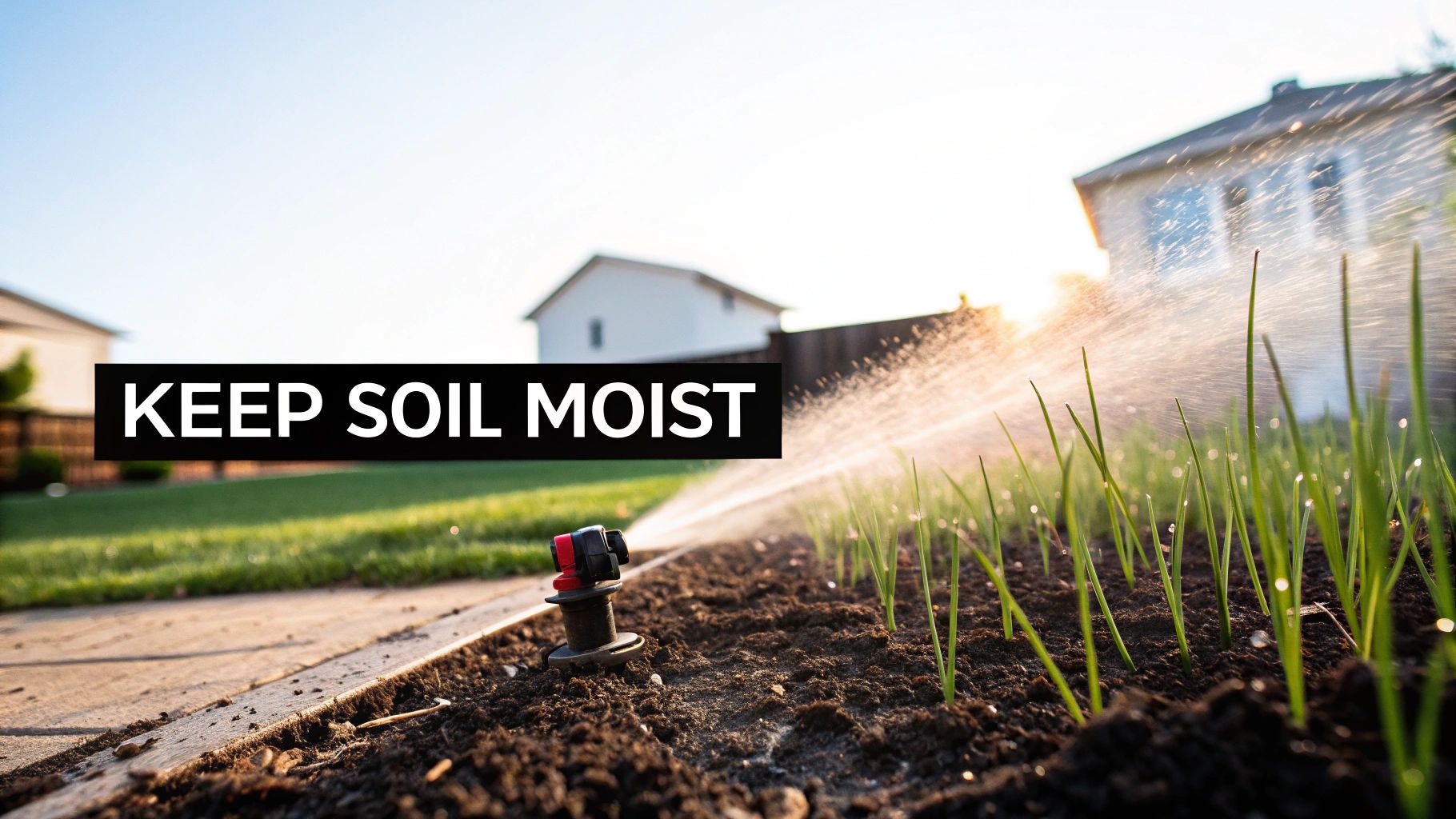 A sprinkler waters a garden bed with young green plants, ensuring the soil remains moist.