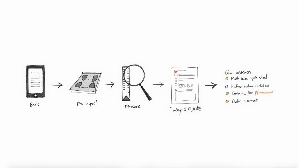 Flowchart illustrating the booking, inspection,measurement, quoting, and cleaning add-on steps.