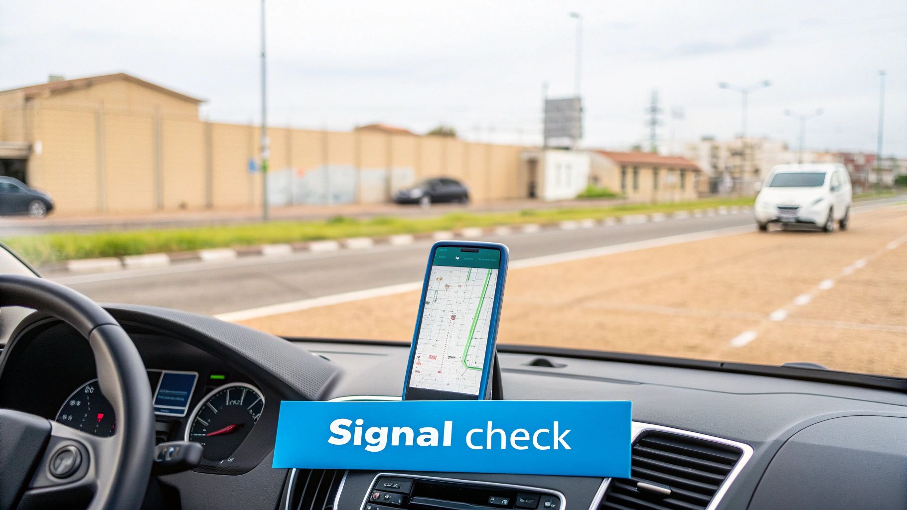 A smartphone displaying a map app on a car dashboard, with a 'Signal check' banner and a road visible outside.
