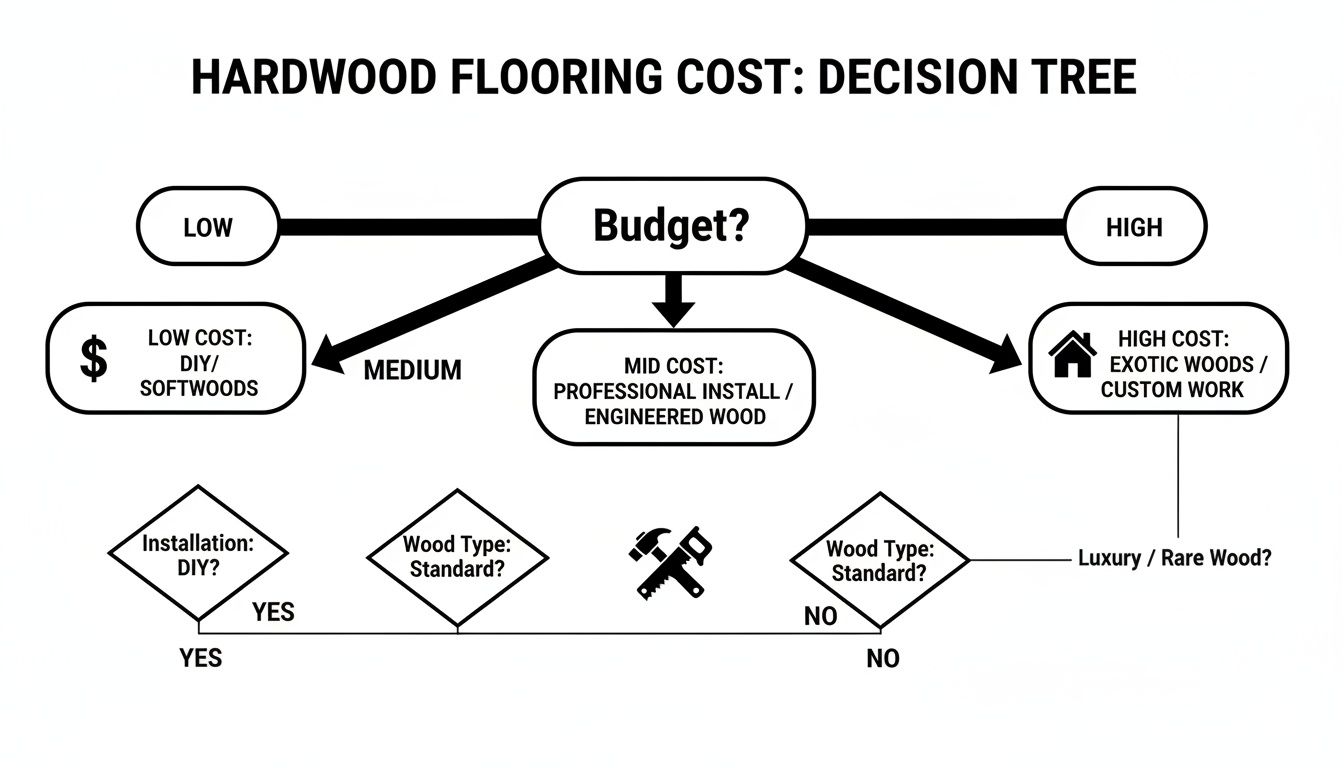 A decision tree illustrating hardwood flooring costs based on budget (low, medium, high) and installation/wood type choices.