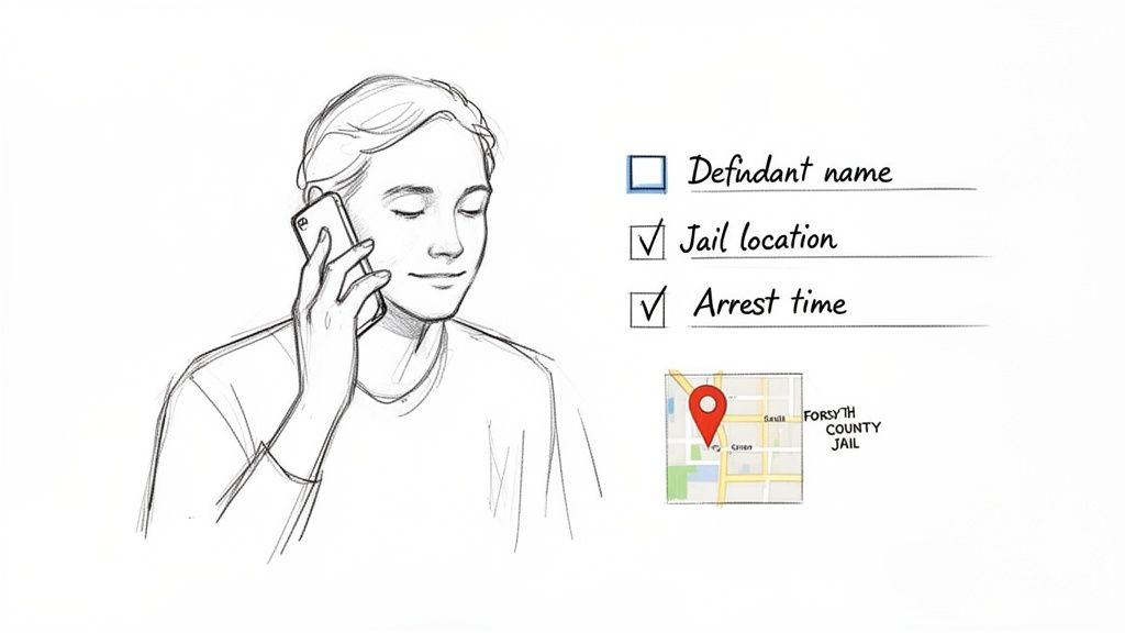 Sketch of a person on the phone getting information about a jail location and arrest time, with a map.