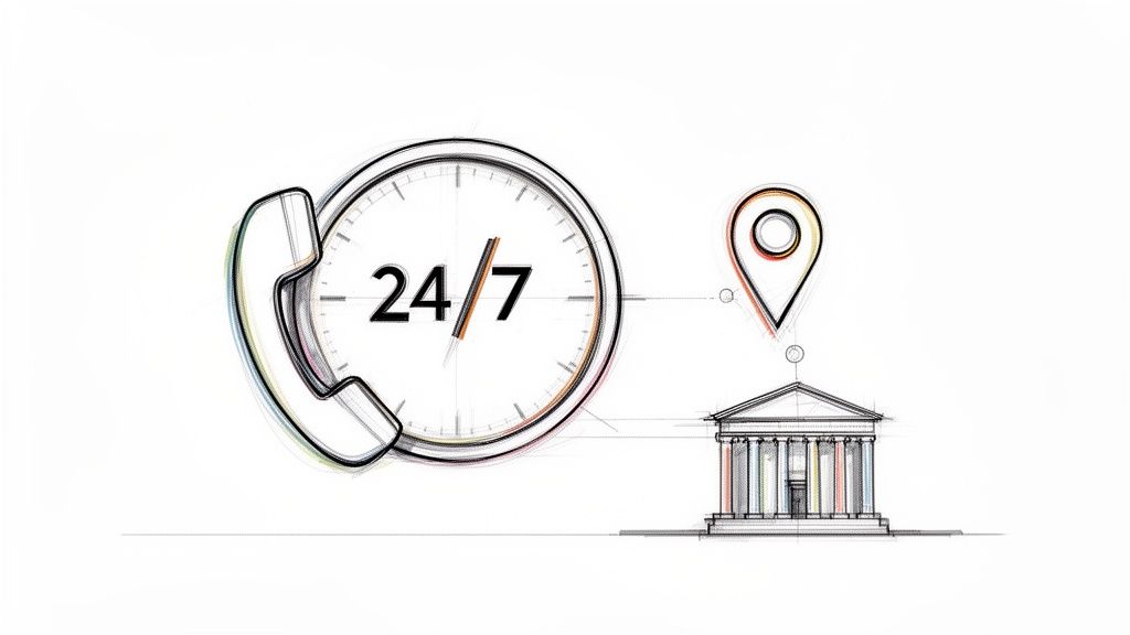 Blueprint-style drawing illustrating 24/7 phone assistance and a physical location for services.