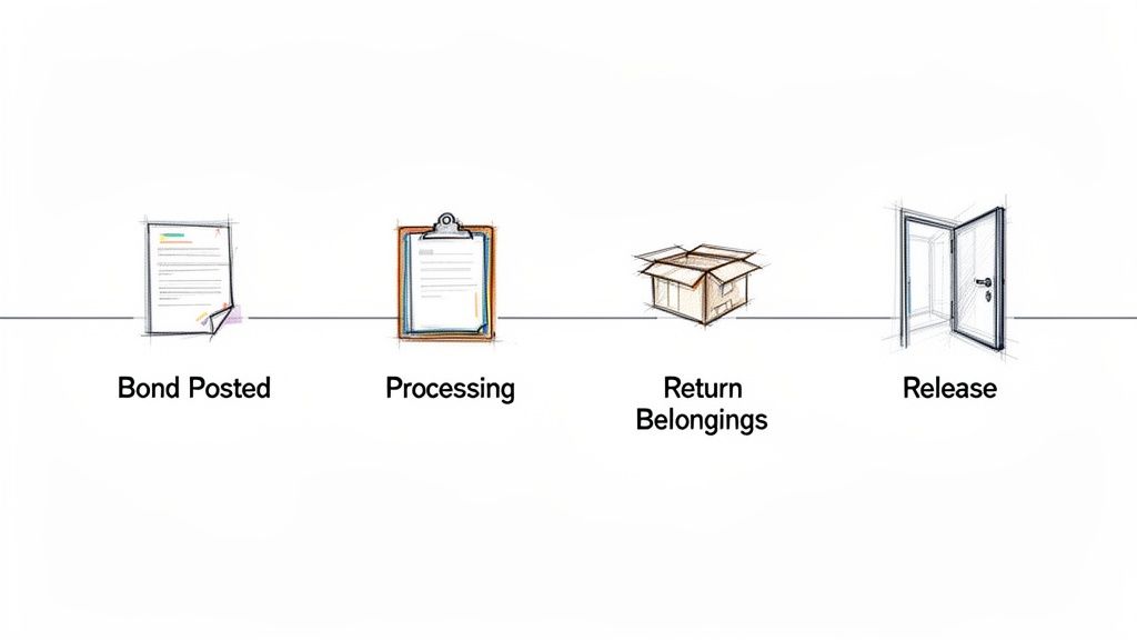 A four-step diagram illustrating the process of getting someone out of jail, from bond posted to final release.