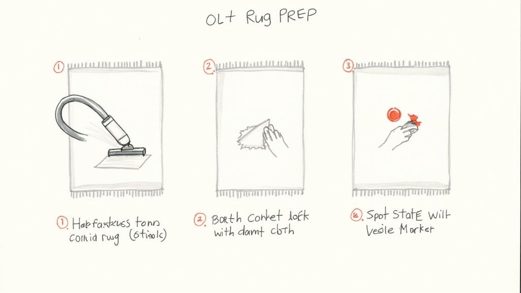 Cartoon illustration showing three steps for rug preparation, including vacuuming and spot treatment.