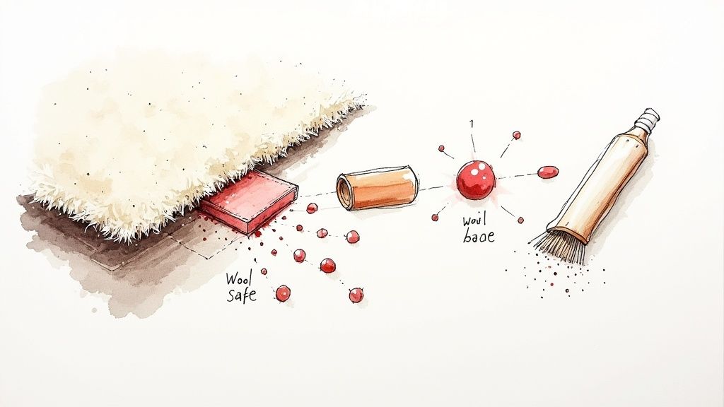 Illustration showing a wool rug, a 'Wool safe' product, and a brush sweeping away particles.